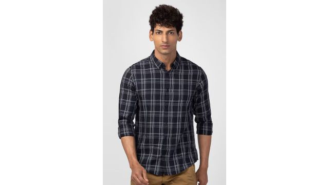 Black Checked Casual Full Sleeves Shirt Collar Men Slim Fit Casual Shirts