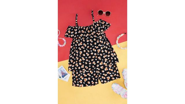 Black Printed - AOP Rayon Girls Regular Fit Co-ord Sets