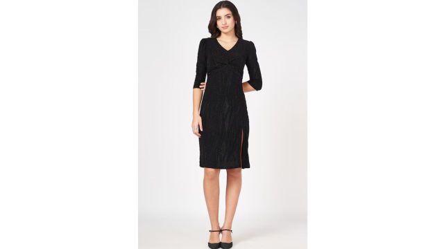 Black Solid Midi Party Women Slim Fit Dress