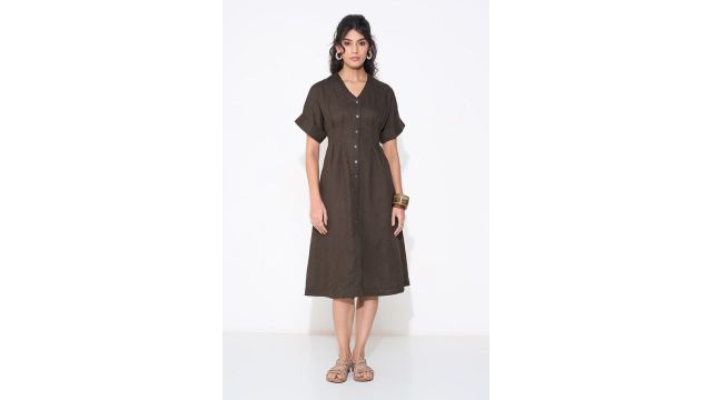 Brown Solid Button-Front Midi Dress with Dolman Sleeves