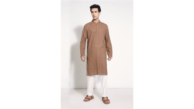 Brown Solid Jacquard Long Kurta
