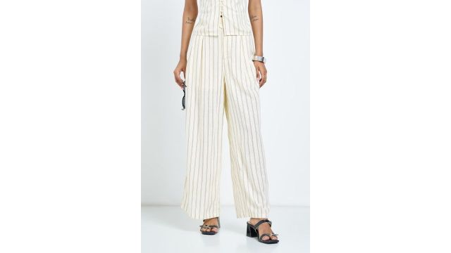 Cream Striped Pleated Trousers