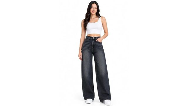 GLOSY Women's Wide Leg Jeans High Rise Baggy Fit Whisker Denim Jeans