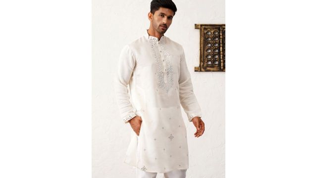Jompers Floral Embroidered Mirror Work Mandarin Collar Cotton Silk Straight Republic Day Republic Day Kurta