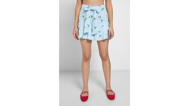 Light Blue Printed-Graphic Mid-Thigh Length Casual Women Flared Skirt
