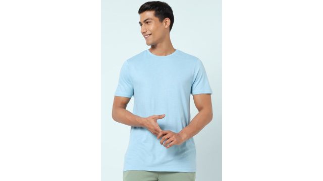 Light Blue Solid Casual Half Sleeves Round Neck Men Slim Fit T-Shirts
