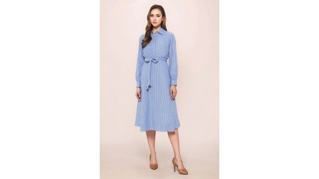 Medium Blue Striped Calf Length Casual Women Loose Fit Dress
