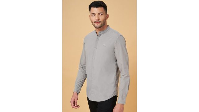 Medium Grey Solid Casual Full Sleeves Mandarin Collar Men Slim Fit Casual Shirts