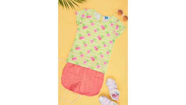 Multi-coloured Printed Top And Bottom Cotton Round Neck Girls Regular Fit Co-ord Set