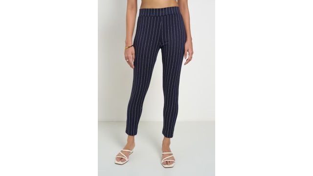 Navy Striped Ankle Length Formal Women Treggings