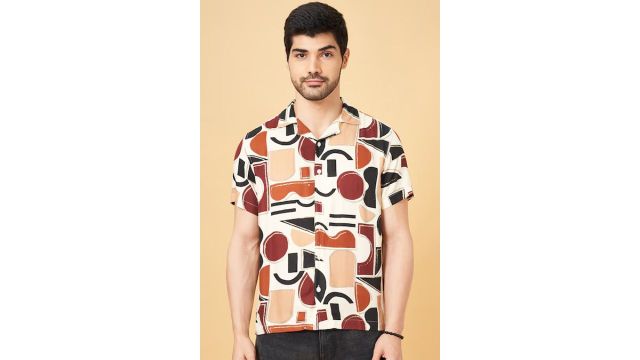Off White Printed Casual Half Sleeves Shirt Collar Men Slim Fit Casual Shirt