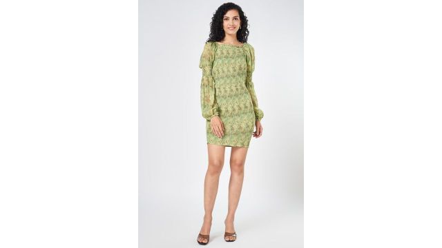 Olive Printed Knee Length Casual Women Slim Fit Dress