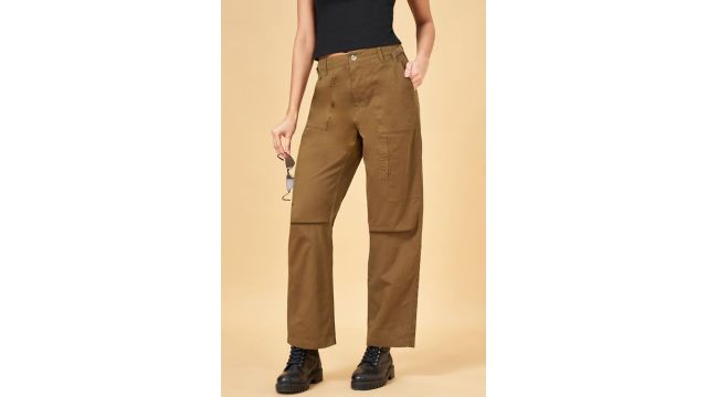 Olive Solid Full Length High Rise Casual Women Relaxed Fit Trousers