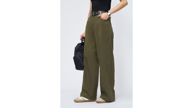 Olive Solid Wide Leg Twill Trouser