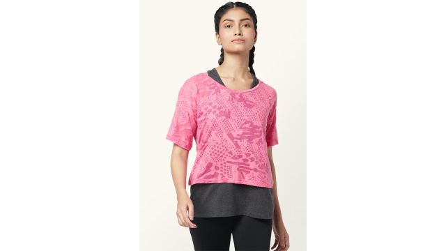 Pink Printed Athleisure Half Sleeves Round Neck Women Regular Fit Tops