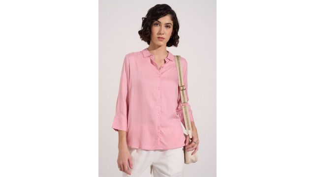 Pink Striped Casual Three-Quarter Sleeves Shirt Collar Women Regular Fit Shirt