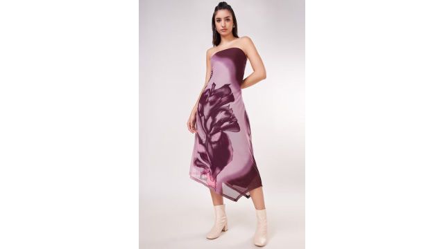 Purple Printed Calf Length Party Women Slim Fit Dress