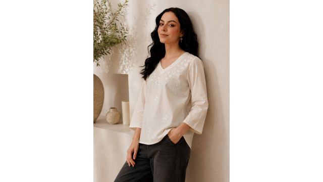 QAZMI Women Pure Cotton Aari Work V-Neck Full Sleeves Kurti