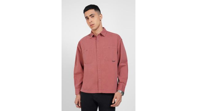 Red Solid Oversized Button Up Shirt