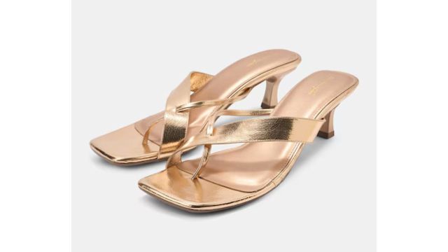 Rose Gold Metallic Square Toe Strappy Kitten Heel Sandals