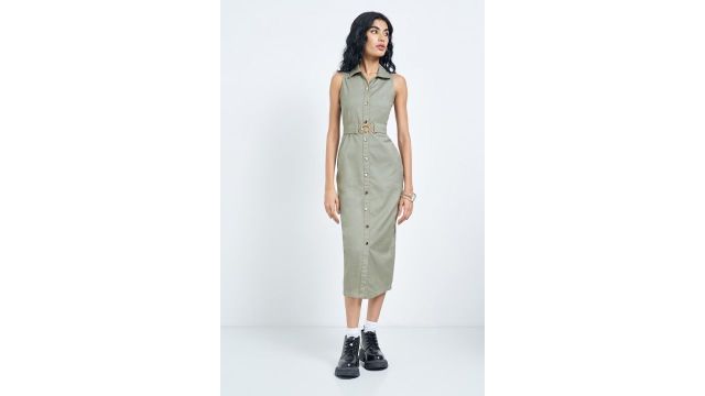 Sage Solid Sleeveless Belted Midi Shirt Dress