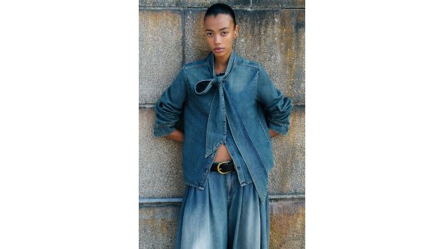 Scarf-collar Denim Blouse