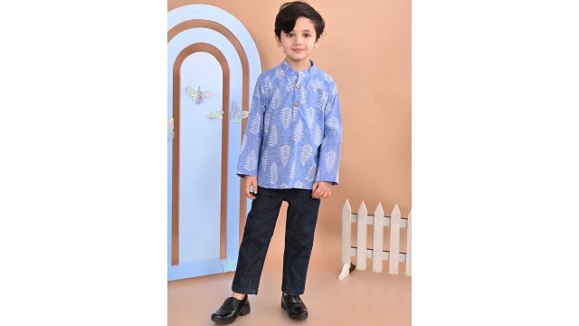 Superminis Boys Blue Floral Printed Mandarin Collar Cotton A-Line Kurta