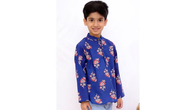 Superminis Boys Floral Printed Band Collar Pure Cotton Short Kurta