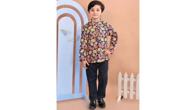 Superminis Boys Navy Floral Printed Mandarin Collar Cotton Straight Kurta