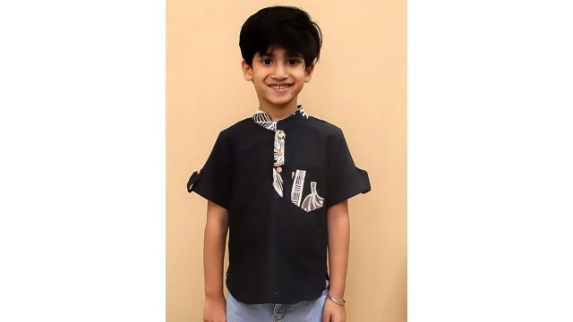 Superminis Boys Solid Thread Work Mandarin Collar Short Cotton Kurta