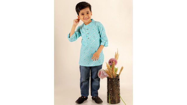 Superminis Boys Turquoise Blue Ethnic Motifs Foil Printed Kurta
