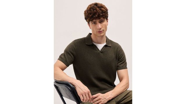 THE BEAR HOUSE Men Self Design Polo Collar Cotton Slim Fit T-shirt