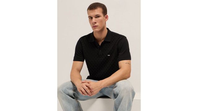 THE BEAR HOUSE Men Self Design Polo Collar Pure Cotton Slim Fit T-shirt