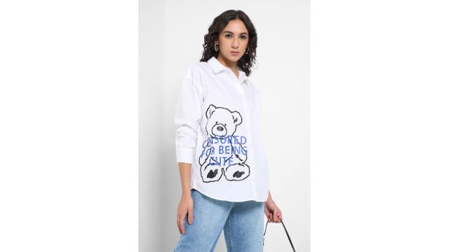 White Printed Casual Full Sleeves Shirt Collar Women Oversized Shirt