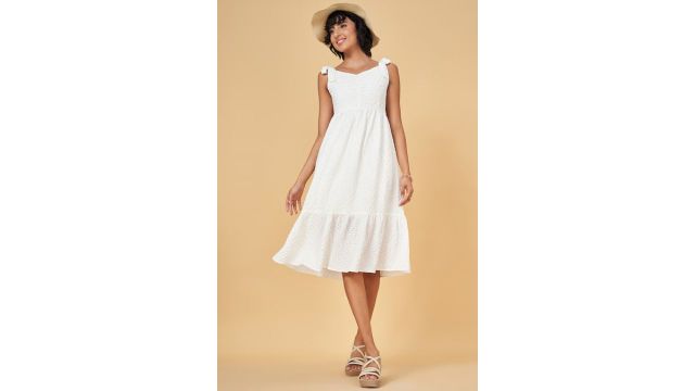 White Textured Midi Casual Women Slim Fit Dress