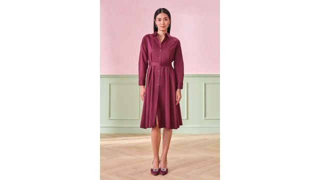 Wine Solid Midi Formal Women Flared Dress